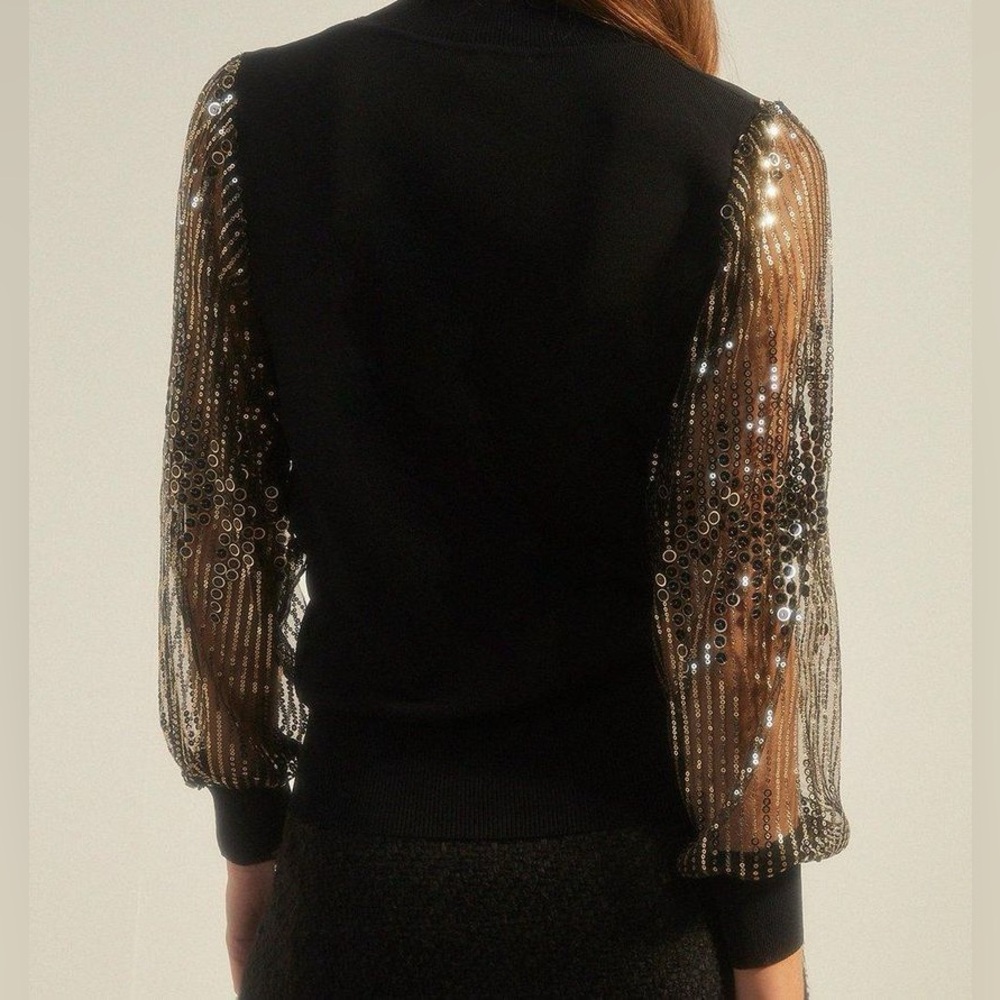 Tahari black sweater with  gold circular sequins on sheer sleeves small NWT - Picture 2 of 10